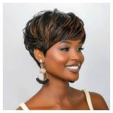 Short Curly Wigs for Black Women Pixie Cut Wig for Womens Short Hair Black Wig with Bangs Natural Wavy Synthetic Wigs for Black Women (Black mixed brown)