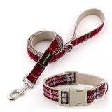 Plutus Pet Cotton Hemp Dog Collar and Leash Set, Adjustable Collar for Small, Medium, and Large Dogs, Heavy Duty and Soft on Skin, Red Plaid, M