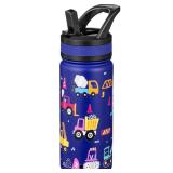 Fanhaw 18 Oz Kids Insulated Water Bottle with Straw - Stainless Steel Double Wall Vacuum Cup, Leakproof, BPA Free, Suitable for Boys and Girls(Blue - Under Construction)