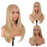 Synthetic Lace Front Wig 26 Inches Long Blonde Wig for Women Straight Layered Wig 13x4x1 HD Lace Pre Plucked Hairline Middle Part Synthetic Wigs for Daily Party Use (numberMixed Blonde, 26 Inch)