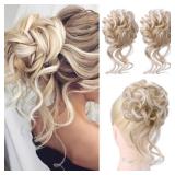 HOOJIH 2PCS Messy Bun Hair Piece, Curly Wavy Hair Wrap Ponytail Hairpieces, Light Golden Blonde with White Blonde