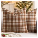 MIULEE Fall Set of 2 Scottish Tartan Plaid Throw Pillow Covers Farmhouse Classic Decorative Outdoor Square Cushion Cases for Halloween Thanksgiving Decor Sofa Couch 20x20 Inch, Brown and White