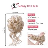 HOOJIH 2PCS Messy Bun Hair Piece, Curly Wavy Hair Wrap Ponytail Hairpieces, Light Golden Blonde with White Blonde