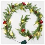 Brightown Christmas Garland with Lights, 6Ft 20 LED Lighted Cypress Leaves Garland Decorated with Pine Cones, Berry, Battery Operated Christmas Lights for Mantle Fireplace Stairs Wall Table, 2 Pack