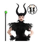 Womenfts Halloween Maleficent Costume, Gothic Black Crow Darkness Suits with Horn, Staff, Feather Cape Shawl and Long Lace Gloves and Footcovers for Adult Evil Witch Maleficent Queen Cosplay Party