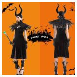 Womenfts Halloween Maleficent Costume, Gothic Black Crow Darkness Suits with Horn, Staff, Feather Cape Shawl and Long Lace Gloves and Footcovers for Adult Evil Witch Maleficent Queen Cosplay Party