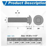 Zonon 25 Sets 14-20 x 1-12\ Stainless Steel Carriage Bolts and Nuts Kit Round Head Square Neck Carriage Bolts Screws and Hex Nuts and Flat Washers, Stainless 18-8 Full Thread Coverage (Black)in