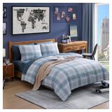 AMBERSPACE Full Size Comforter Sets, Light Blue Plaid Bedding Set 7 Piece for Boys Girls Teen, Classic Homestead-Style Kids Comforter Set Bed in A Bag with Sheets, Pillowcases and Shams