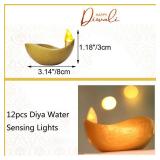 12 Pcs Diwali Diyas Lamp Decorations, Diwali Gold Peacock LED Water Sense Lights, Waterproof Flameless Tea Lights,Oil Lamps for Centerpieces Indian Temples Pooja Housewarming Return Gift
