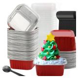 BAKINGPAK Individual Mini Cake Pans with Lids, 50PCS 5OZ Square Disposable Aluminum Foil Ramekins Mini Aluminum Pans Baking Cups for Christmas Birthday Children Party, Red