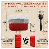 BAKINGPAK Individual Mini Cake Pans with Lids, 50PCS 5OZ Square Disposable Aluminum Foil Ramekins Mini Aluminum Pans Baking Cups for Christmas Birthday Children Party, Red