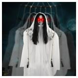 Scary Halloween Decorations Outdoor, Hanging Swinging Girl with Sound and Slap Activated, Light Up Eyes, Creepy Expression, 6.2FT Halloween Decor for Indoor Outdoor Haunted House