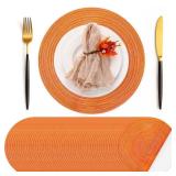 Geosar 100 Pcs Disposable Paper Placemats Cotton Woven Look 13ftft Round Placemats Rustic Disposable Table Pads Bulk for Dining Table Decoration Birthday Wedding Bridal Baby Shower Party(Orange)