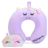 Kids Neck Pillow for Traveling, Unicorn Kids Travel Pillow with Eye Mask, Toddler Travel Essentials for Road Trip Airplane Flight Car Seat, Cute Cartoon Headrest Memory Foam Pillows Gift for Girl Boy