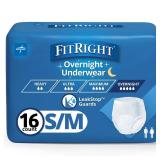 FitRight Overnight Unisex Underwear, SmallMedium (28-40 in Waist), 16 Count, Maximum All Night Disposable Incontinence Protection, Pull-On Absorbent Underwear for Men and Women, 1 Bag