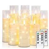 Raycare Flameless Candle with Remote Timer  9 Flickering Acrylic Battery Operated LED Pillar Candles with Embedded Star String for Christmas, Home Decor, and as a Gift (Ivory)