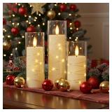 Raycare Flameless Candle with Remote Timer  9 Flickering Acrylic Battery Operated LED Pillar Candles with Embedded Star String for Christmas, Home Decor, and as a Gift (Ivory)