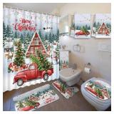 Nuanchu 6 Pcs Christmas Shower Curtain Bathroom Set with Bath Mat Red Truck with Christmas Tree U Shaped Mat Toilet Cover 2 Bath Towels and 12 Hooks Bathroom Decor Set, 71 x 71 Inch