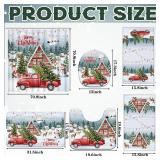 Nuanchu 6 Pcs Christmas Shower Curtain Bathroom Set with Bath Mat Red Truck with Christmas Tree U Shaped Mat Toilet Cover 2 Bath Towels and 12 Hooks Bathroom Decor Set, 71 x 71 Inch