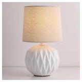 White Ceramic Table Lamp, Geometric Textured Small Bedside Lamp with Linen Shade, Mid Century Modern Nightstand Lamp for Bedroom Living Room Reading Room, H 12\ x W 6.7\in, 7W LED Bulb Includedin
