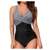 Smismivo Tummy Control Swimsuits for Women Slimming One Piece Bathing Suit Modest Padded Ruched Push Up Long Torso Curvy V Neck Cute Criss Cross Swimming Full Coverage Swimwear (Black White Stripe)