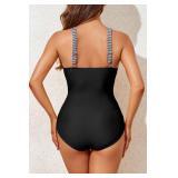Smismivo Tummy Control Swimsuits for Women Slimming One Piece Bathing Suit Modest Padded Ruched Push Up Long Torso Curvy V Neck Cute Criss Cross Swimming Full Coverage Swimwear (Black White Stripe)