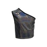 KKmeter Kids Girls One-Shoulder Sequins Dance Crop Tops Jazz Hip Hop Stage Performance Tank Vest Dancewear (Black, 5-6)