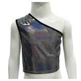 KKmeter Kids Girls One-Shoulder Sequins Dance Crop Tops Jazz Hip Hop Stage Performance Tank Vest Dancewear (Black, 5-6)