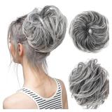 CJL HAIR Large Messy Bun Hair Piece Wavy Curly Scrunchies Synthetic Chignon Ponytail Hair Extensions Thick Updo Hairpieces for Women Salt and Pepper