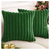 BAOLIZEGAO Christmas Dark Green Faux Fur Plush Throw Pillow Covers 18x18 Set of 2 Fuzzy Striped Soft Cozy Pillowcase Luxury Decorative Pillows Square Fluffy Cushion Covers for Couch Sofa Bed