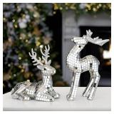 Weysat 2 Pcs Christmas Disco Reindeer Figurines Decor Xmas Elk Tabletop Centerpieces Decorations Mini Glitter Mirror Disco Standing Sitting Reindeer for Christmas Indoor Shelf Mantel Table Supplies
