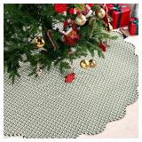 60 Inch Christmas Tree Skirt Vintage Green Plaid Floral Block Print Tree Skirts with Scalloped Edge, Classic Xmas Tree Skirt for Merry Christmas Party Holiday Home Farmhouse Indoor Outdoor Decorations