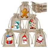 ARTLYMERS 24 Pack Christmas Jute Burlap Bags, Christmas Drawstring Gift Bags for Xmas Presents Holiday Party Favor Treats Candy, 6 Designs