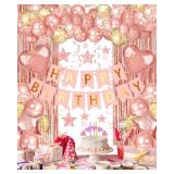 Lutoys Rose Gold Happy Birthday Party Decorations, Happy Birthday Banner, Rose Gold Foil Heart Star Confetti Balloons Curtain Backdrop Hanging Swirls Party Decor for Girls Women Princess