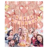 Lutoys Rose Gold Happy Birthday Party Decorations, Happy Birthday Banner, Rose Gold Foil Heart Star Confetti Balloons Curtain Backdrop Hanging Swirls Party Decor for Girls Women Princess