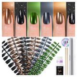Chrome Press on Nails Short 6 Styles, Jofay Fashion 144Pcs Salon-Like Mirror Metal Stiletto Fake Nails with Glue, Glitter Artificial Acrylic False Nails for Party, Glue on Nails Press Ons in 12 Sizes