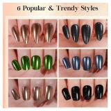 Chrome Press on Nails Short 6 Styles, Jofay Fashion 144Pcs Salon-Like Mirror Metal Stiletto Fake Nails with Glue, Glitter Artificial Acrylic False Nails for Party, Glue on Nails Press Ons in 12 Sizes