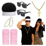 Ramede 6 Pcs Halloween Reality TV Couple Costume Accessories Include Novelty Hair Hats Gold Necklace Oversize Sunglasses Fur Leg Warmers and Earring for Women Men Nightclub Cosplay Party Outfits