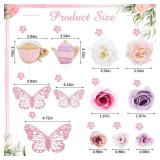 Teenyyou 33 Pieces Tea Party Cake Toppers Flower Butterfly Teapot Teacup Floral Birthday Cake Decorations for Wedding Baby Shower Princess Tea Party Supplies
