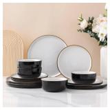 AmorArc Dinnerware Set - 12 Piece Ceramic Plates and Bowls, Stoneware Plates Handpainted, Dishwasher and Microwave Safe (Speckled Black and White, Service for 4)