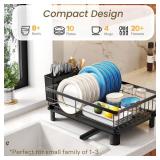 SNTD Dish Drying Rack - Small Dish Rack for Kitchen Counter, Stainless Steel Dish Drainer with Utensil Holder and Drainboard, 11\ W x 15\in L (Black)in