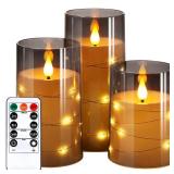 NURADA Flickering Flameless Candles: Built-in Star String Lights 3D Wick Acrylic Battery Operated LED Pillar Candles with Remote and Timer for Fall Halloween Christmas Home Decoration - 3 Pack Gray