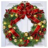 Christmas Wreaths for Front Door with Bow, 16\ Christmas Door Wreath with Balls Berries and Pine Cones, Christmas Wreath for Door Home Wall Outdoor Decorin