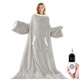 Heated Wearable Electric Blanket with Sleeves and Foot Pocket, Stripe Fleece Sherpa, 6 Heat Levels 12H Timer Setting, Over-Heat Protection, Machine Washable, 52x72 Inches Gray for OfficeHomeGift