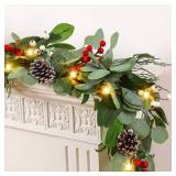 2 PCS 9ft Prelit Artificial Eucalyptus Christmas Garland, Multi-Color LightsBattery Operated, Lighted Christmas Garland for Mantle Table Stairs Railing Xmas Indoor Outdoor Decoration