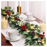 2 PCS 9ft Prelit Artificial Eucalyptus Christmas Garland, Multi-Color LightsBattery Operated, Lighted Christmas Garland for Mantle Table Stairs Railing Xmas Indoor Outdoor Decoration