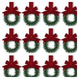 Retrowavy 12 Pcs Christmas Kitchen Cabinet Wreaths with Ribbon 3.94 Inch Mini Christmas Wreath Small Kitchen Xmas Decor for Window Door(Burgundy Red,Classic Style)