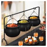 ORIENTAL CHERRY Halloween Decor - Halloween Party Decorations - Set of 3 Witches Cauldron Serving Bowls on Rack - Black Plastic Cauldron for Indoor Outdoor Home Kitchen Decoration