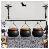 ORIENTAL CHERRY Halloween Decor - Halloween Party Decorations - Set of 3 Witches Cauldron Serving Bowls on Rack - Black Plastic Cauldron for Indoor Outdoor Home Kitchen Decoration