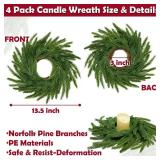 13.5 Inch Norfolk Pine Wreath Candle Rings, 4 Pcs Realistic Soft and Full Mini Christmas Wreath Table Centerpieces Candle Wreaths for Pillar Candles Cedar Small Wreaths for Cabinets Kitchen Windows
